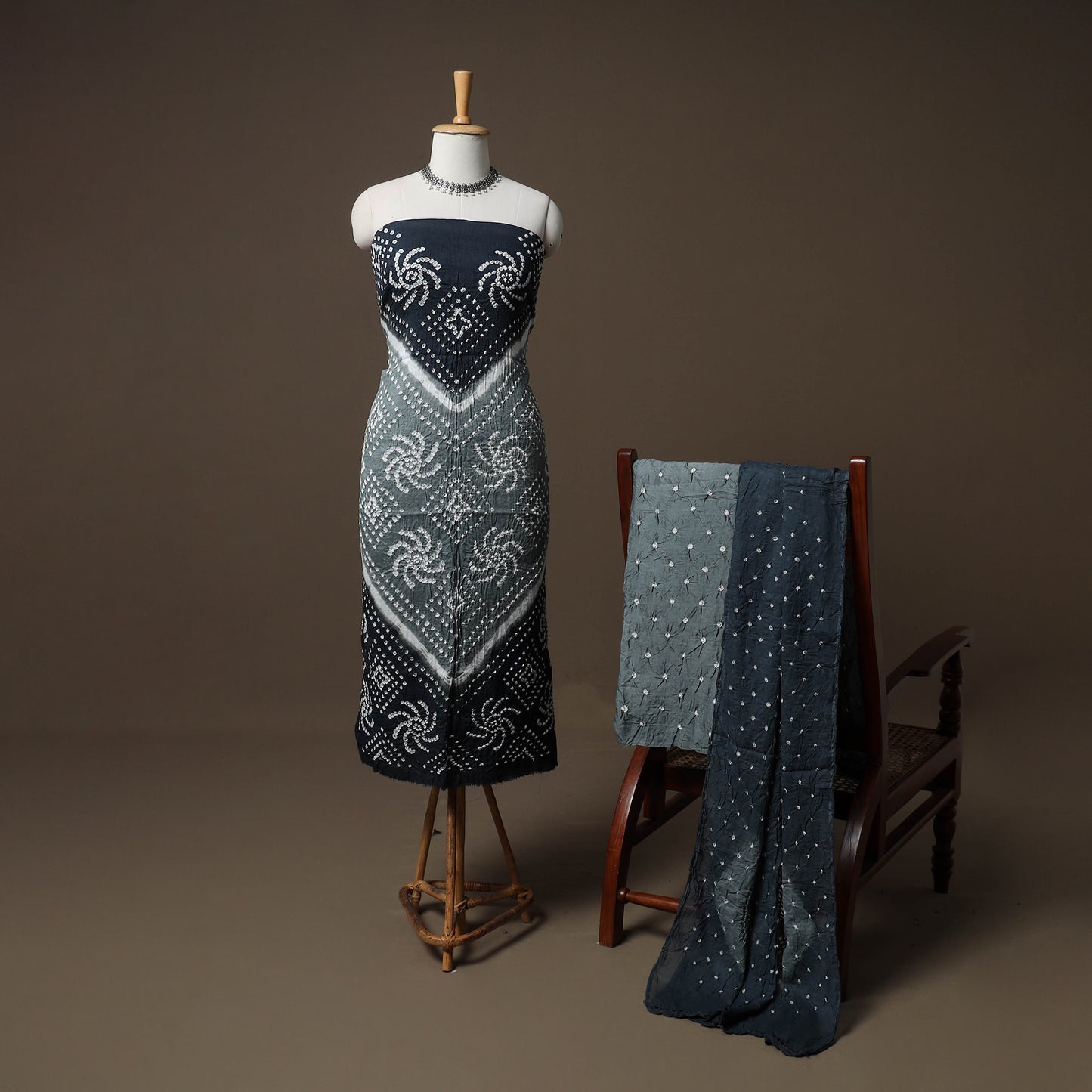 Kutch Bandhani Cotton Unstitched Dress Material: Kurta, Bottom & Crosia Work Dupatta 53