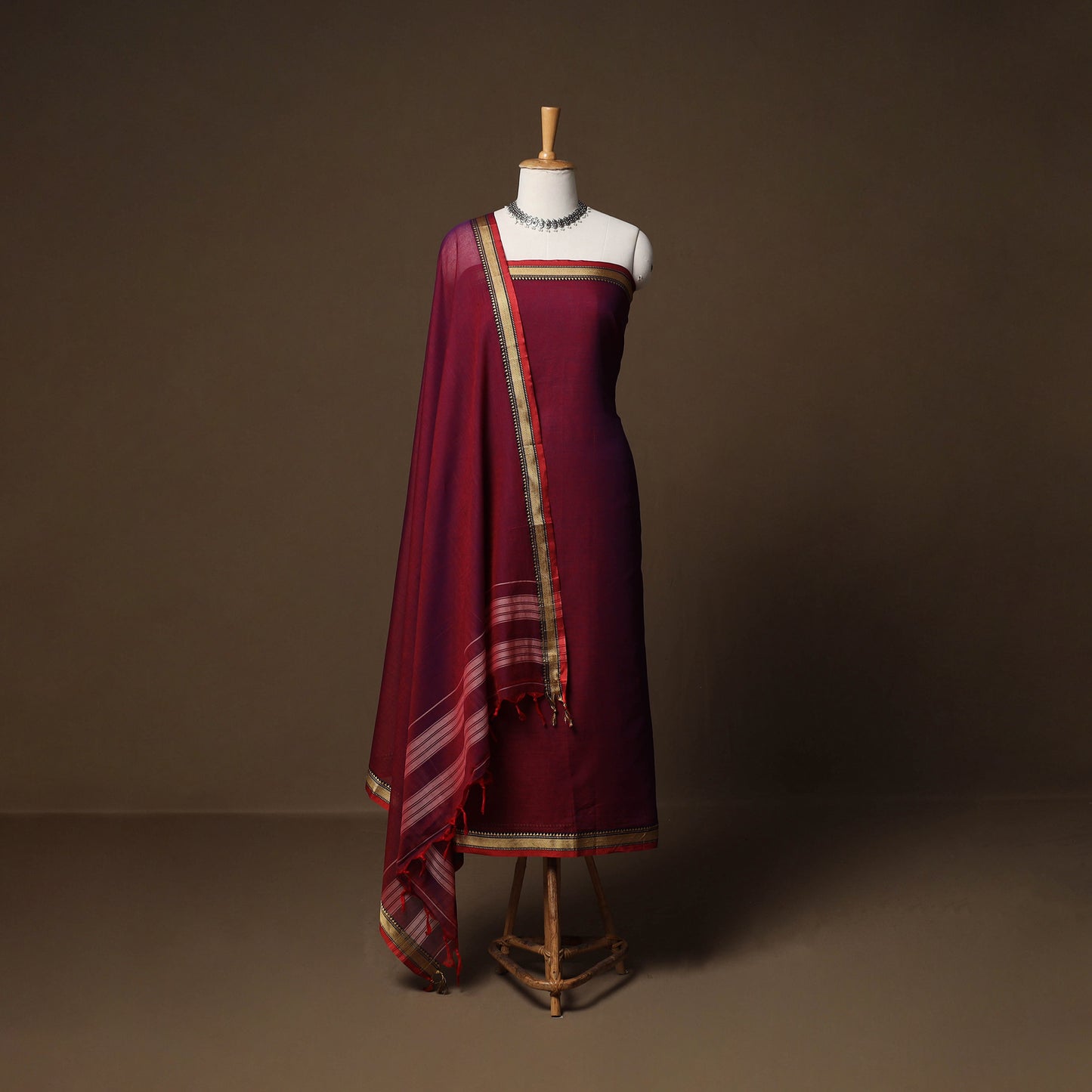 Dharwad Mercerised Cotton 3pc Unstitched Dress Material Suit Set with Woven Border 18