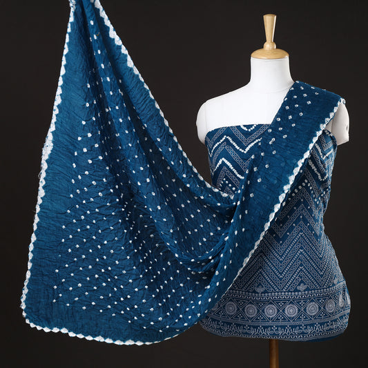 Blue - 3pc Kutch Bandhani Tie-Dye Satin Cotton Suit Material Set 03