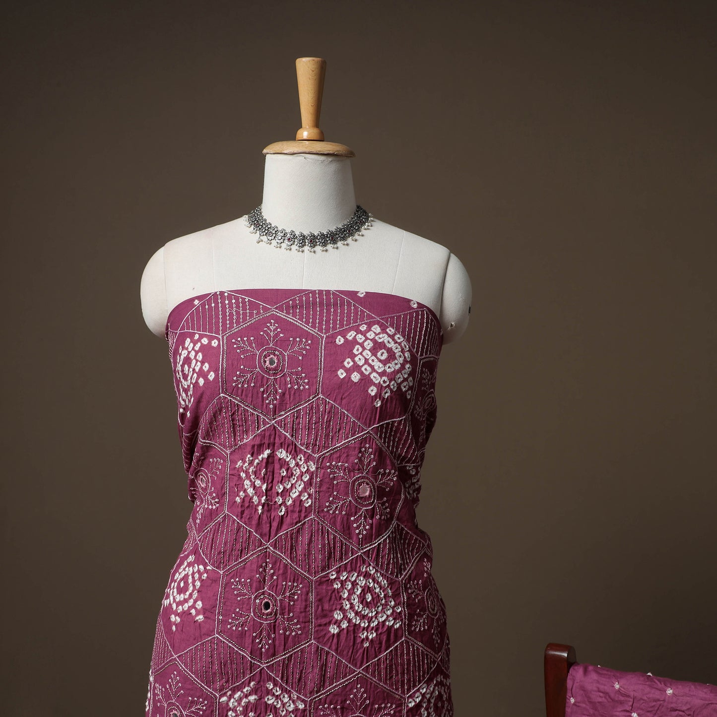 Kutch Bandhani Sequin & Mirror Work Satin Cotton Unstitched Dress Material: Kurta, Bottom & Dupatta 57