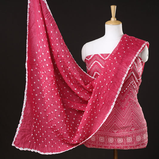 Pink - 3pc Kutch Bandhani Tie-Dye Satin Cotton Suit Material Set 01