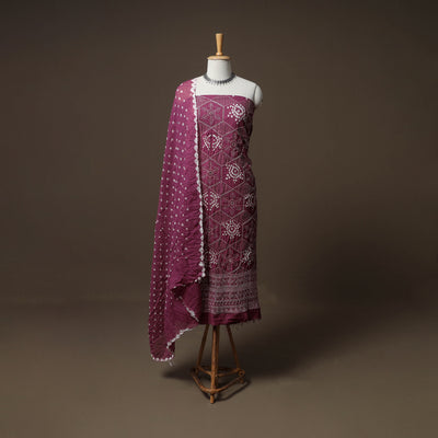 Kutch Bandhani Sequin & Mirror Work Satin Cotton Unstitched Dress Material: Kurta, Bottom & Dupatta 57