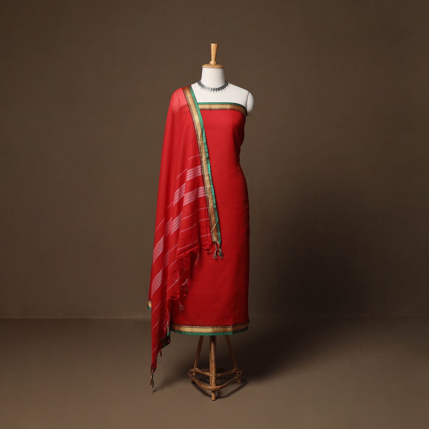 Dharwad Mercerised Cotton 3pc Unstitched Dress Material Suit Set with Woven Border 22