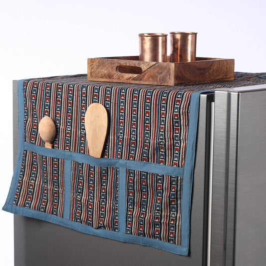 Ajrakh Block Printed Cotton Fridge Top Cover with Multiple Pockets