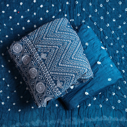 Blue - 3pc Kutch Bandhani Tie-Dye Satin Cotton Suit Material Set 03
