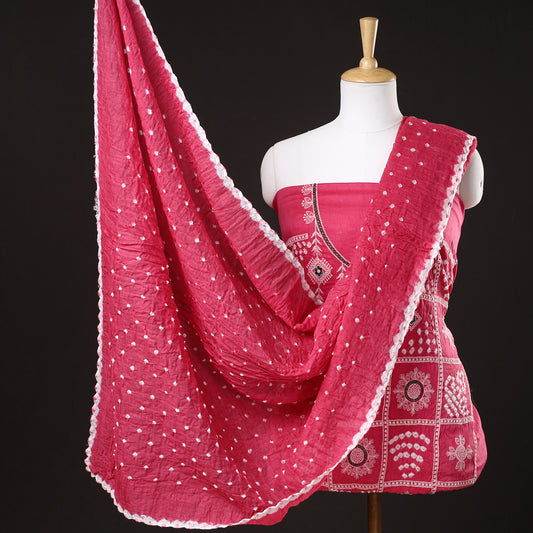 Pink - 3pc Kutch Bandhani Tie-Dye Satin Cotton Suit Material Set 02