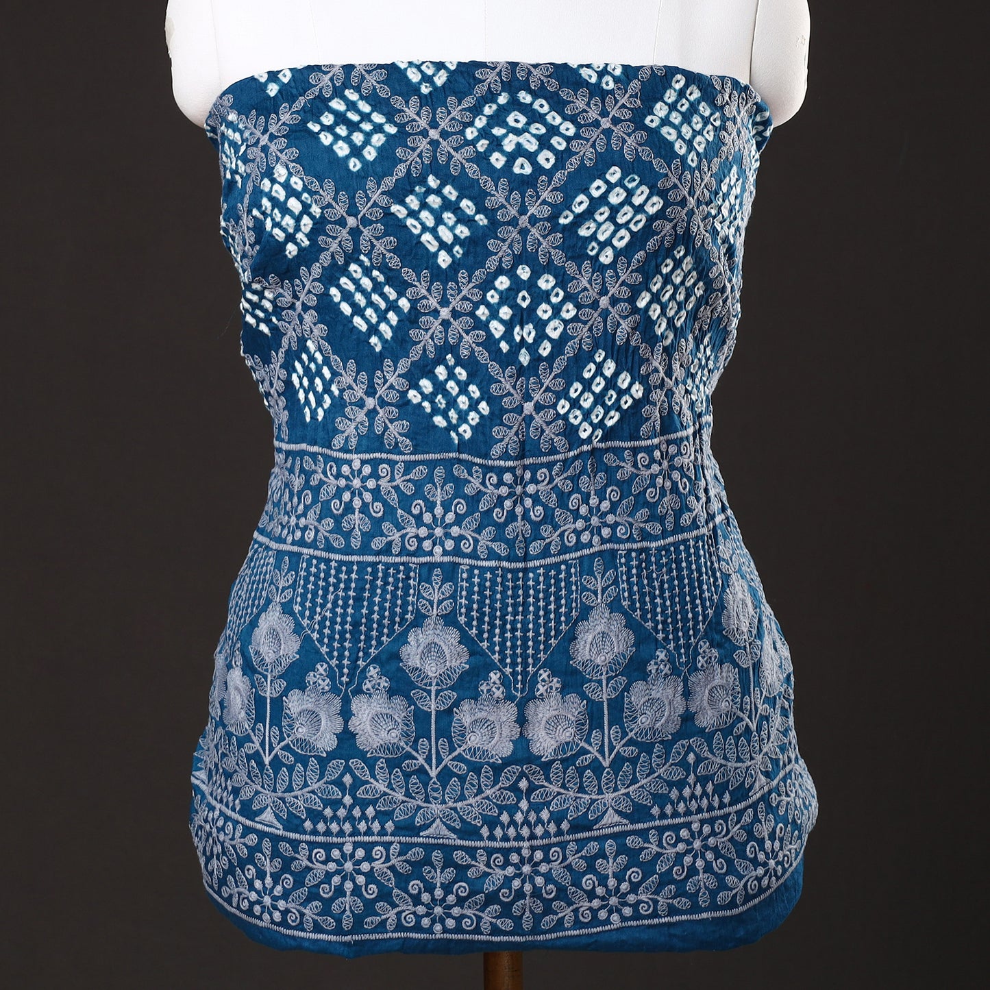 Blue - 3pc Kutch Bandhani Tie-Dye Satin Cotton Suit Material Set 04