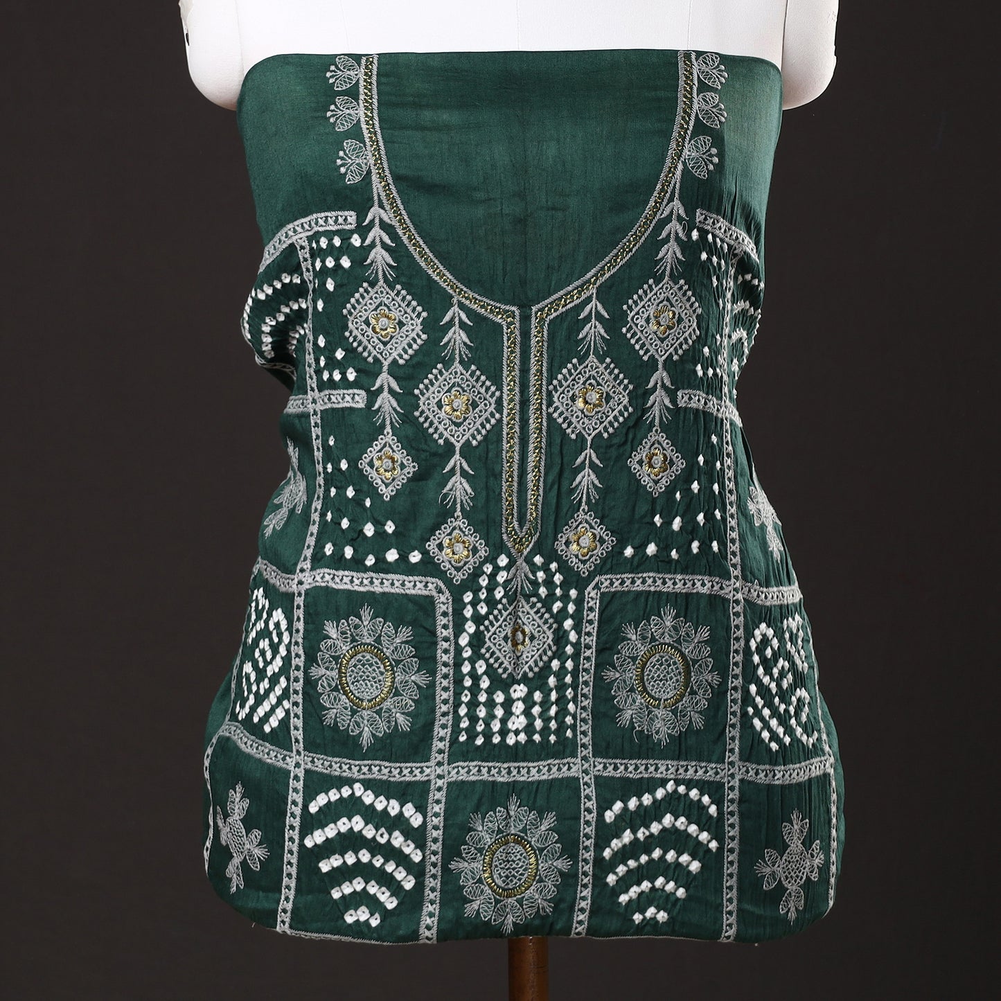 Green - 3pc Kutch Bandhani Tie-Dye Satin Cotton Suit Material Set 05