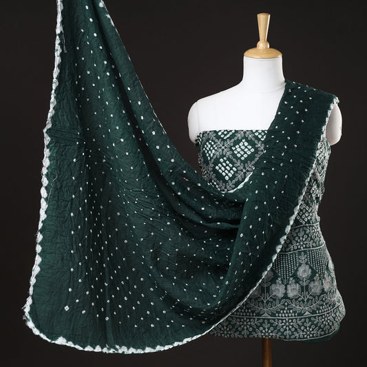 Green - 3pc Kutch Bandhani Tie-Dye Satin Cotton Suit Material Set 06