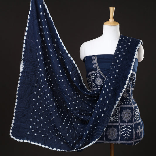 Blue - 3pc Kutch Bandhani Tie-Dye Satin Cotton Suit Material Set 07