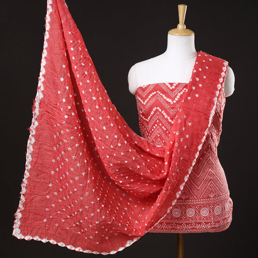 Red - 3pc Kutch Bandhani Tie-Dye Satin Cotton Suit Material Set 08