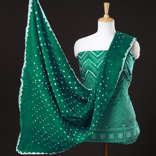 Green - 3pc Kutch Bandhani Tie-Dye Satin Cotton Suit Material Set 09