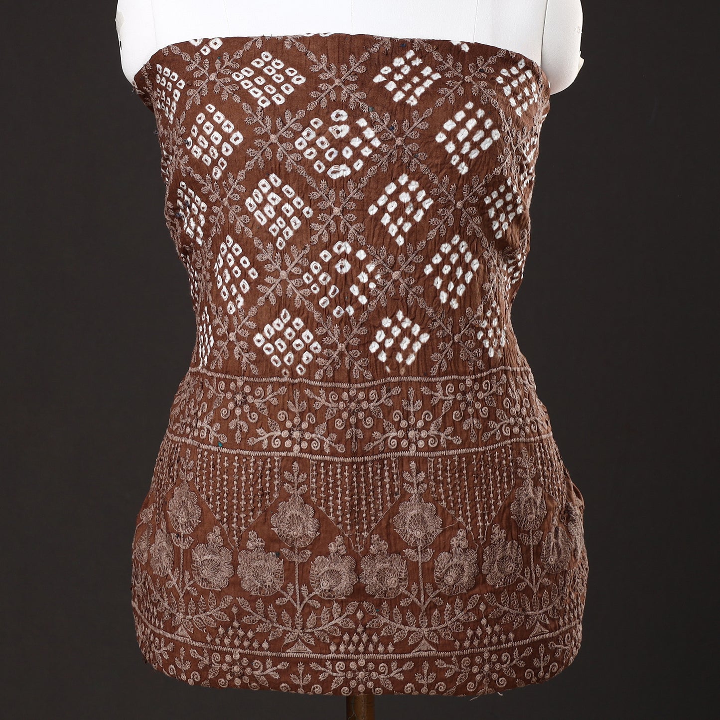 Brown - 3pc Kutch Bandhani Tie-Dye Satin Cotton Suit Material Set 10