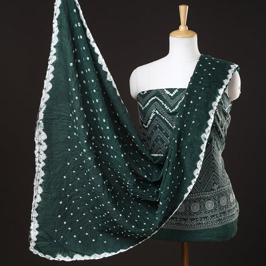 Green - 3pc Kutch Bandhani Tie-Dye Satin Cotton Suit Material Set 12