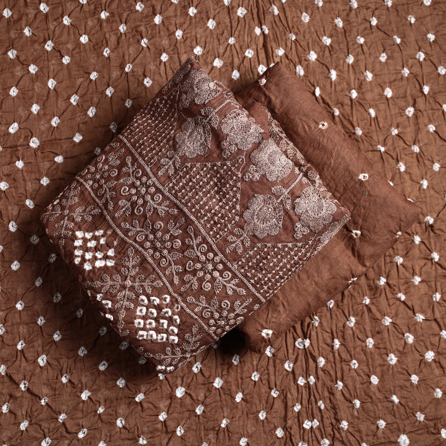 Brown - 3pc Kutch Bandhani Tie-Dye Satin Cotton Suit Material Set 10