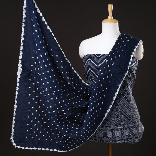Blue - 3pc Kutch Bandhani Tie-Dye Satin Cotton Suit Material Set 15