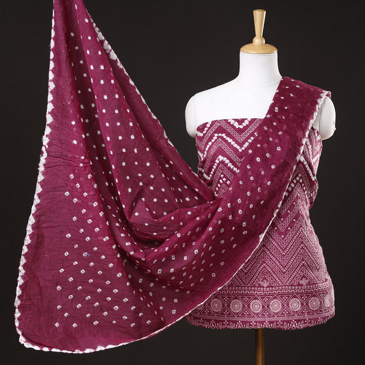 Purple - 3pc Kutch Bandhani Tie-Dye Satin Cotton Suit Material Set 11