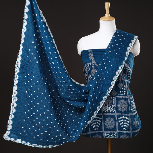 Blue - 3pc Kutch Bandhani Tie-Dye Satin Cotton Suit Material Set 17