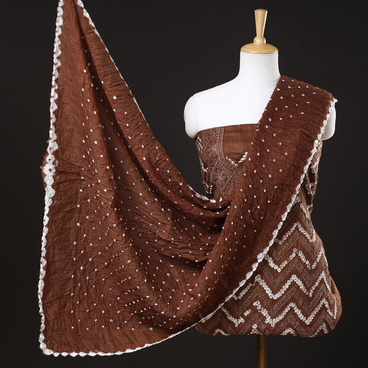 Brown - 3pc Kutch Bandhani Tie-Dye Satin Cotton Suit Material Set 18