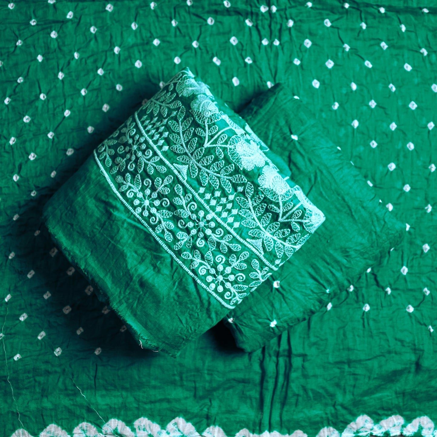 Green - 3pc Kutch Bandhani Tie-Dye Satin Cotton Suit Material Set 14