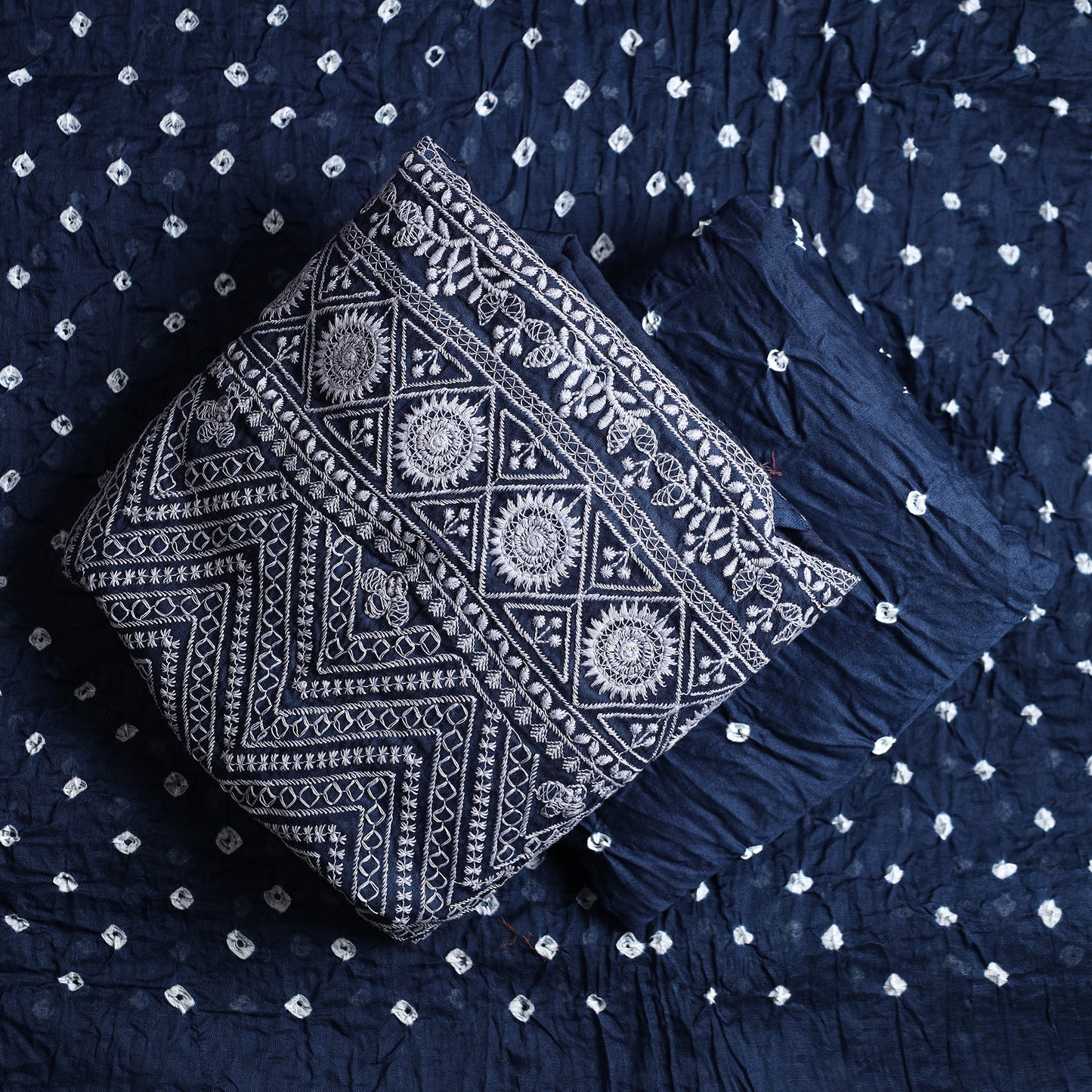 Blue - 3pc Kutch Bandhani Tie-Dye Satin Cotton Suit Material Set 15