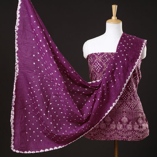 Purple - 3pc Kutch Bandhani Tie-Dye Satin Cotton Suit Material Set 19