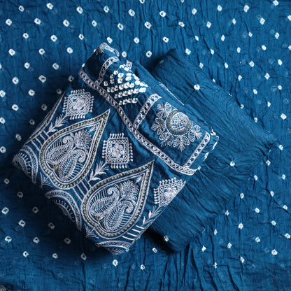 Blue - 3pc Kutch Bandhani Tie-Dye Satin Cotton Suit Material Set 17