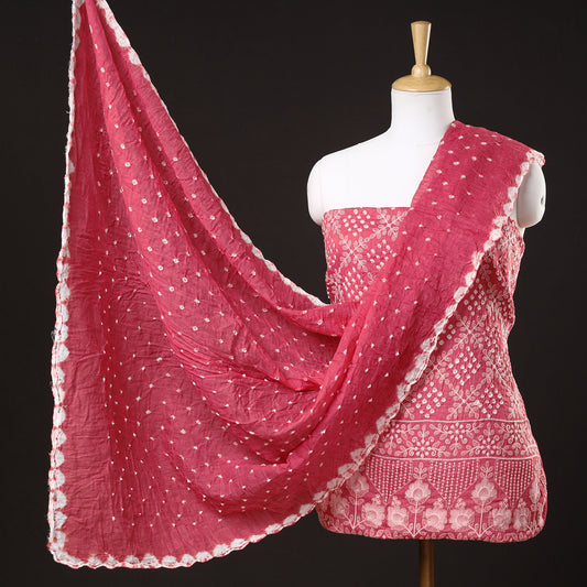 Pink - 3pc Kutch Bandhani Tie-Dye Satin Cotton Suit Material Set 23