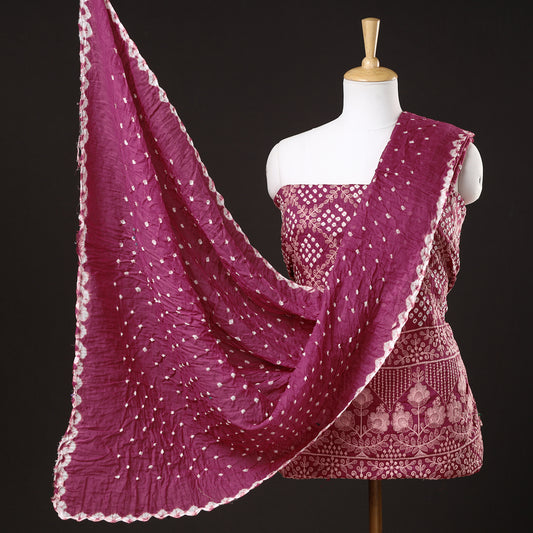 Purple - 3pc Kutch Bandhani Tie-Dye Satin Cotton Suit Material Set 24