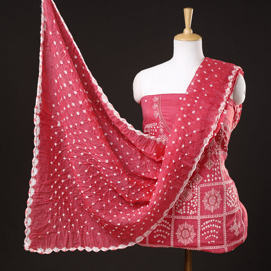 Pink - 3pc Kutch Bandhani Tie-Dye Satin Cotton Suit Material Set 25