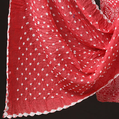 Red - 3pc Kutch Bandhani Tie-Dye Mirror Work Satin Cotton Suit Material Set 27
