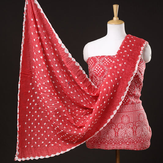 Red - 3pc Kutch Bandhani Tie-Dye Mirror Work Satin Cotton Suit Material Set 27