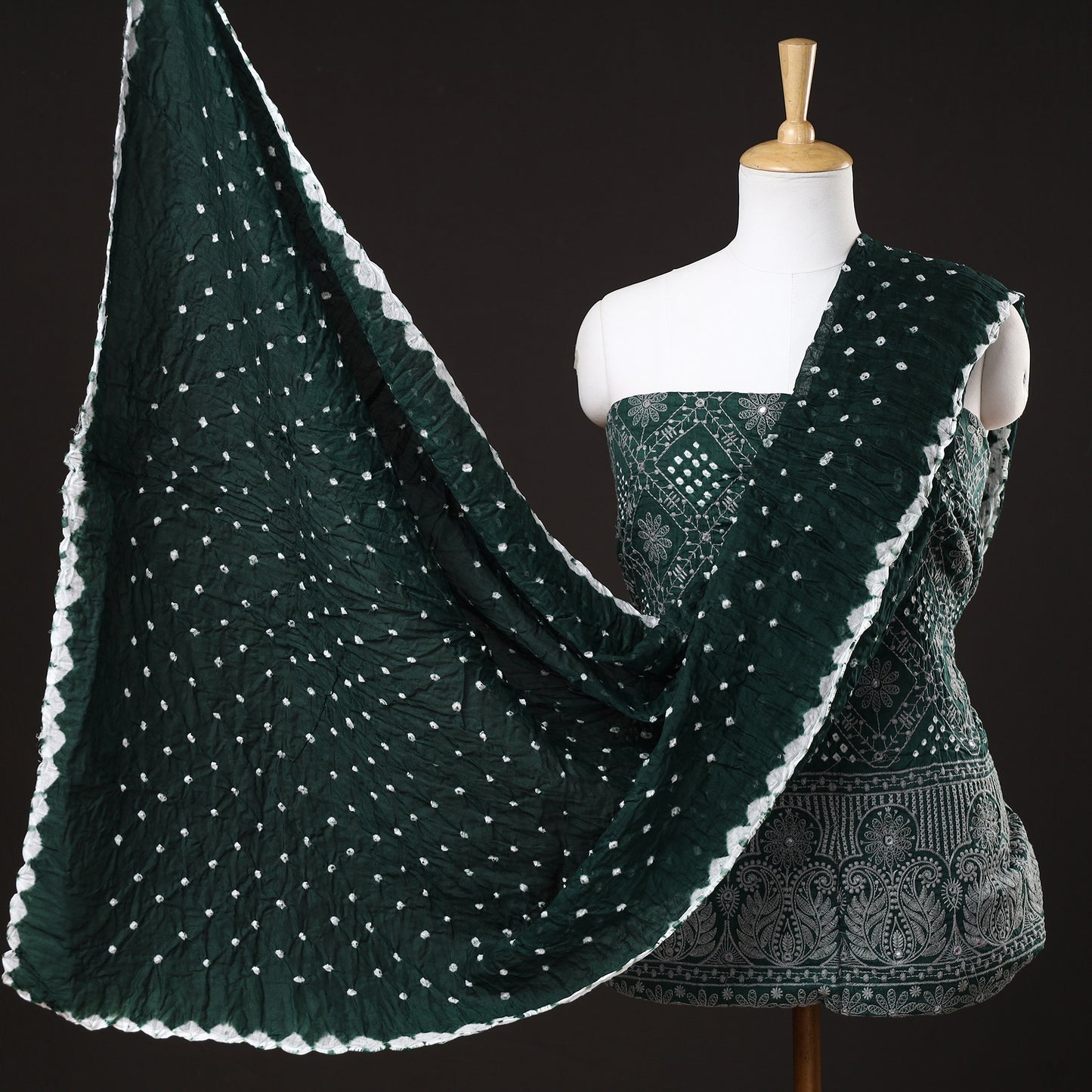 Green - 3pc Kutch Bandhani Tie-Dye Mirror Work Satin Cotton Suit Material Set 28