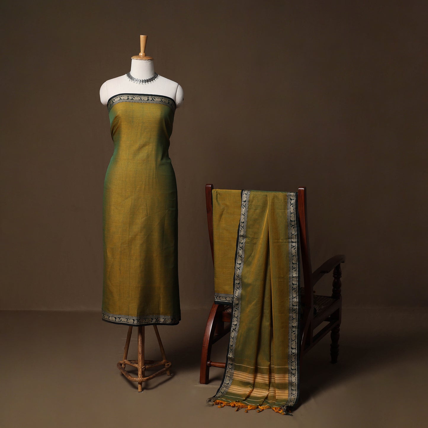 Dharwad Mercerised Cotton 3pc Unstitched Dress Material Suit Set with Woven Border 34