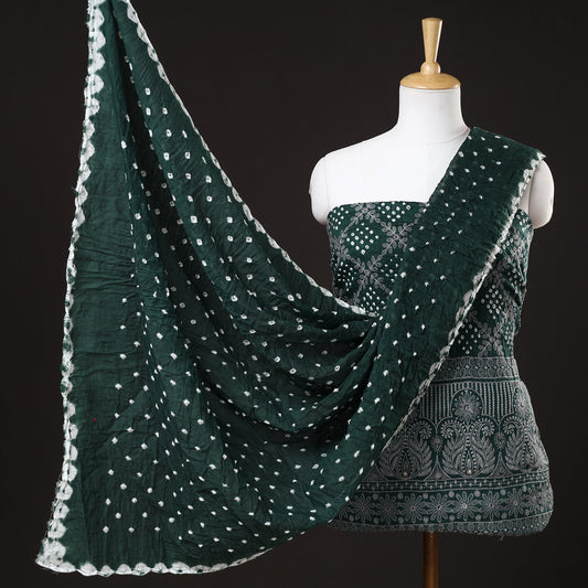 Green - 3pc Kutch Bandhani Tie-Dye Mirror Work Satin Cotton Suit Material Set 31