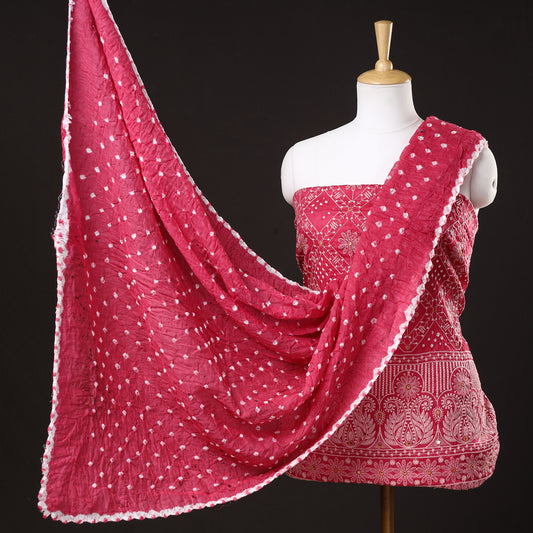 Pink - 3pc Kutch Bandhani Tie-Dye Mirror Work Satin Cotton Suit Material Set 32