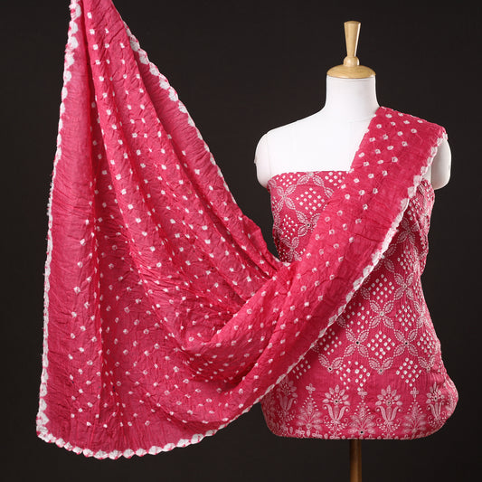 Pink - 3pc Kutch Bandhani Tie-Dye Mirror Work Satin Cotton Suit Material Set 34