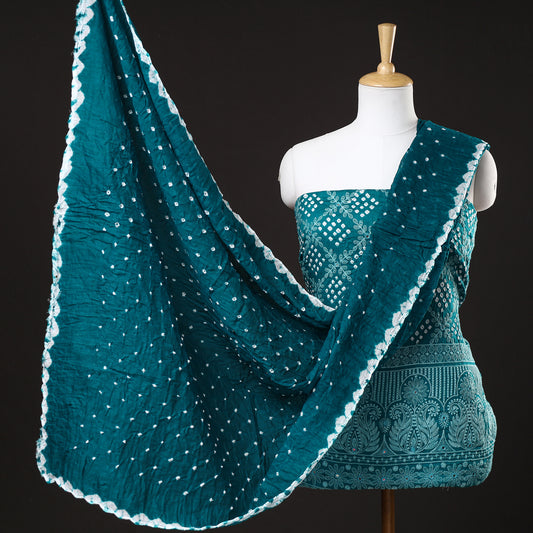 Green - 3pc Kutch Bandhani Tie-Dye Mirror Work Satin Cotton Suit Material Set 35