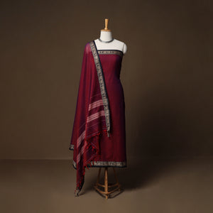 Maroon - Dharwad Mercerised Cotton 3pc Unstitched Dress Material Suit Set with Woven Border 37