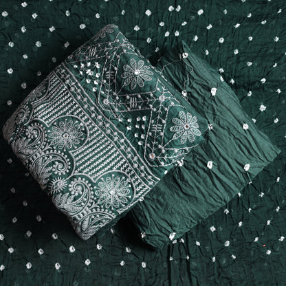 Green - 3pc Kutch Bandhani Tie-Dye Mirror Work Satin Cotton Suit Material Set 28