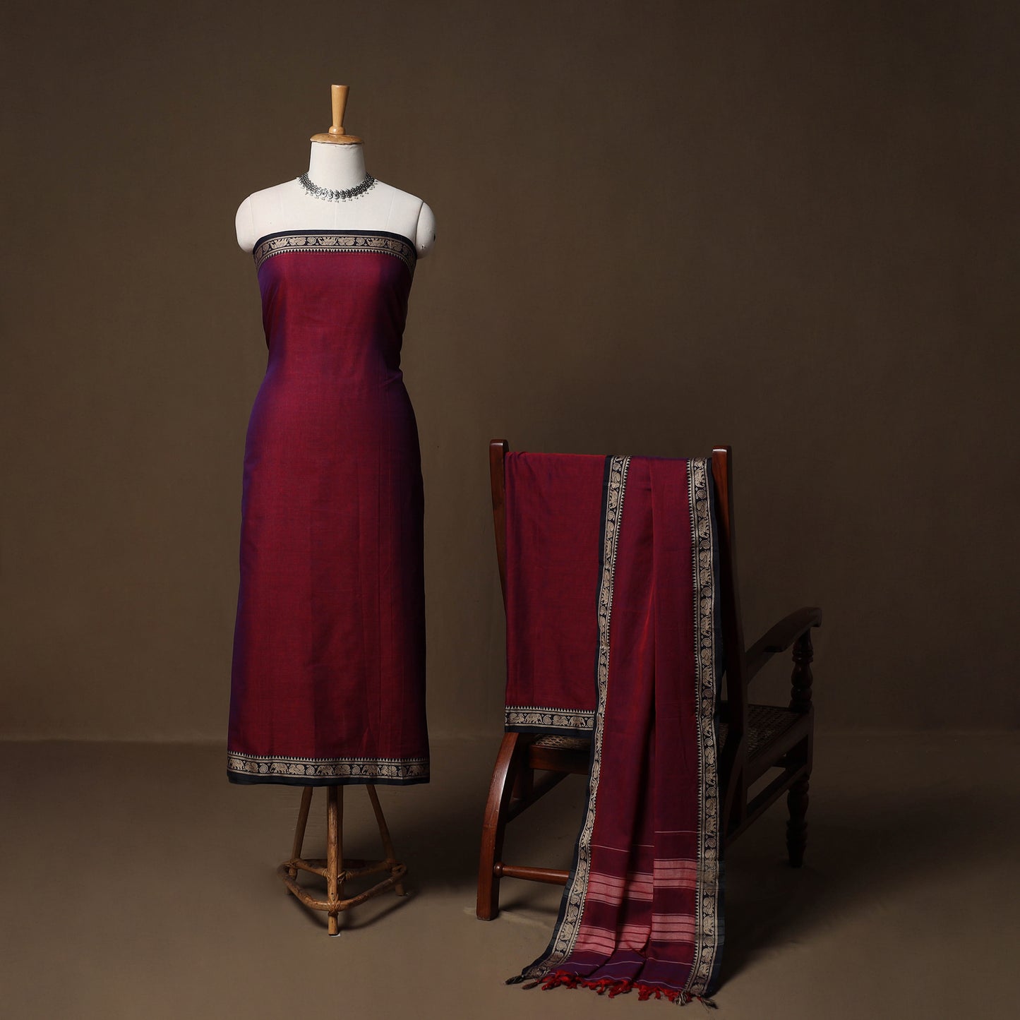 Dharwad Mercerised Cotton 3pc Unstitched Dress Material Suit Set with Woven Border 37