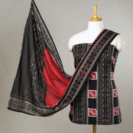 Black - 3pc Sambalpuri Ikat Weave Handloom Cotton Suit Material Set