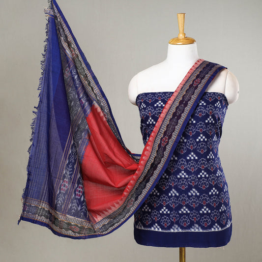 Blue - 3pc Sambalpuri Ikat Weave Handloom Cotton Suit Material Set