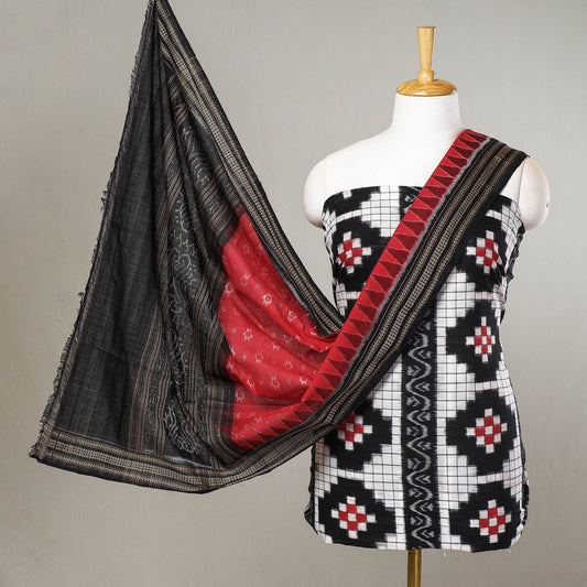 White - 3pc Sambalpuri Ikat Weave Handloom Cotton Suit Material Set