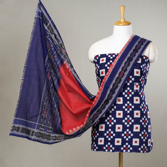 Blue - 3pc Sambalpuri Ikat Weave Handloom Cotton Suit Material Set