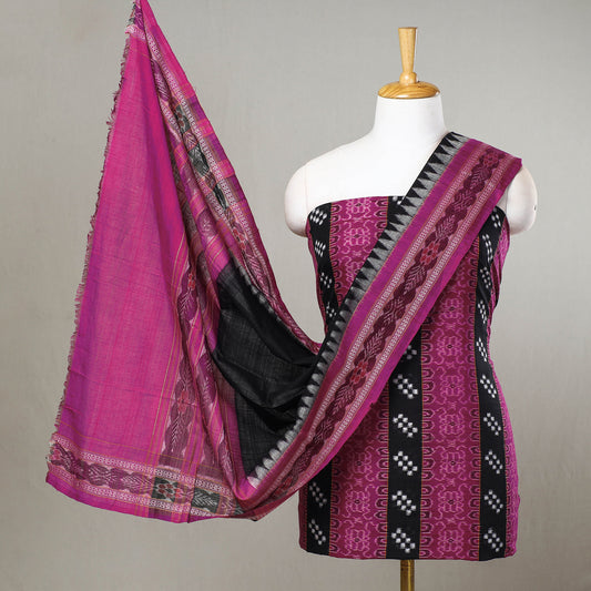 Pink - 3pc Sambalpuri Ikat Weave Handloom Cotton Suit Material Set