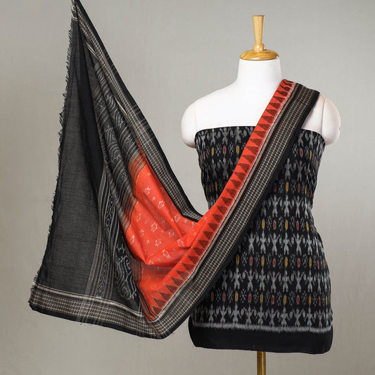 Black - 3pc Sambalpuri Ikat Weave Handloom Cotton Suit Material Set