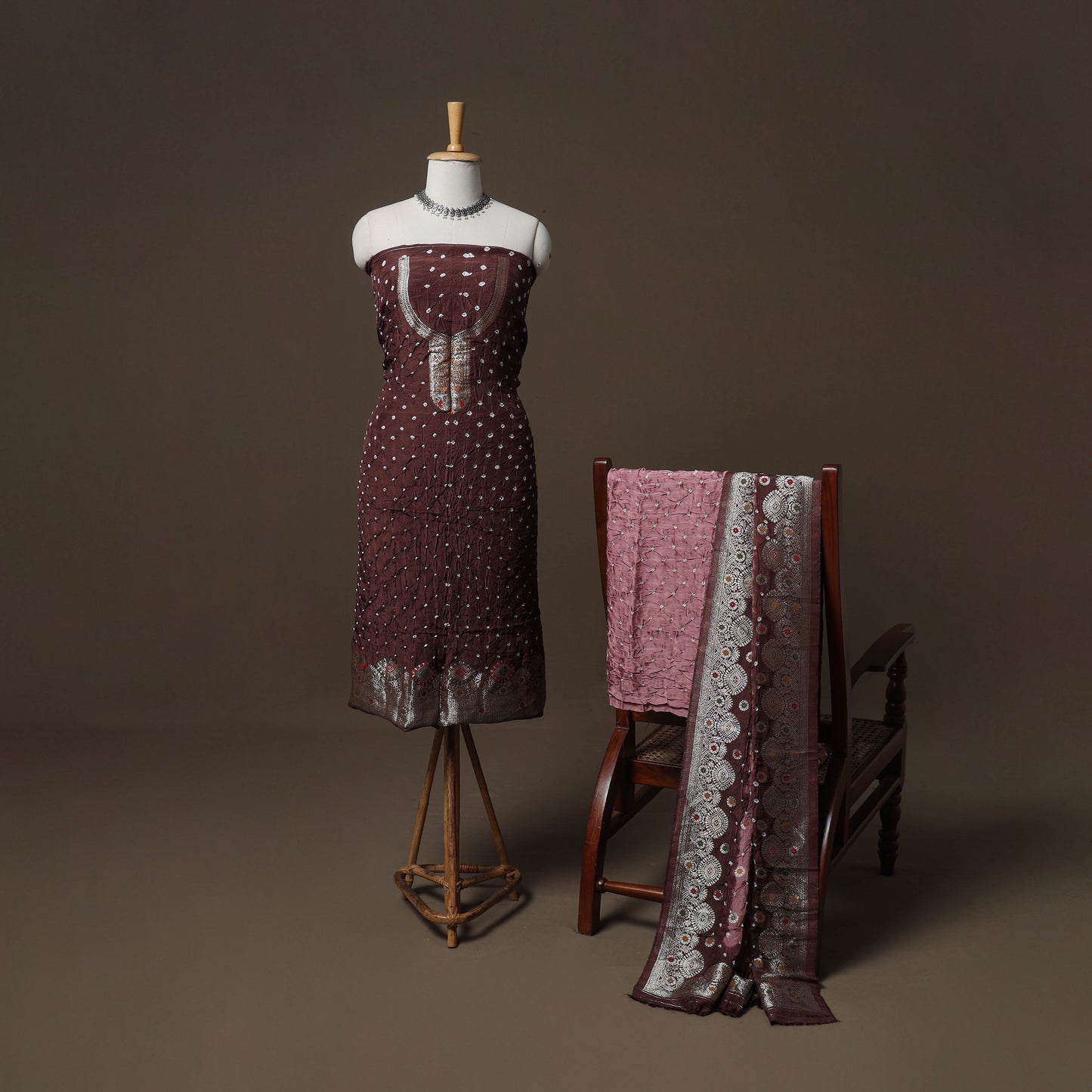 Bandhani Modal Silk Nakshi Zari Work Unstitched Dress Material Set: Kurta,Bottom & Dupatta 01