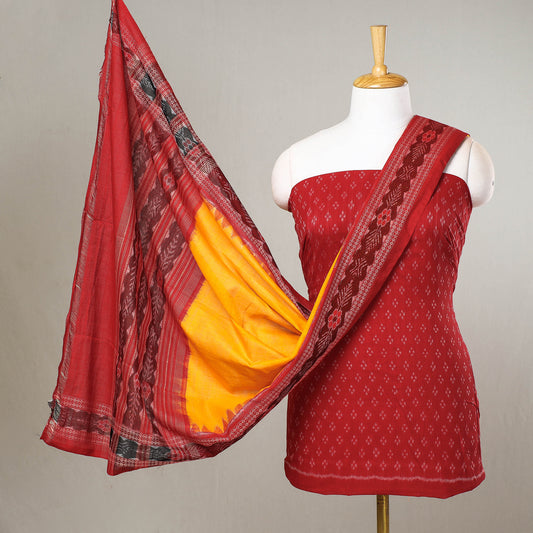Red - 3pc Sambalpuri Ikat Weave Handloom Cotton Suit Material Set
