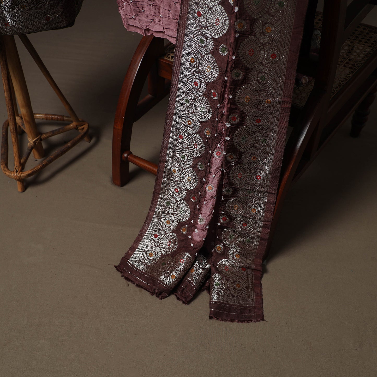 Bandhani Modal Silk Nakshi Zari Work Unstitched Dress Material Set: Kurta,Bottom & Dupatta 01